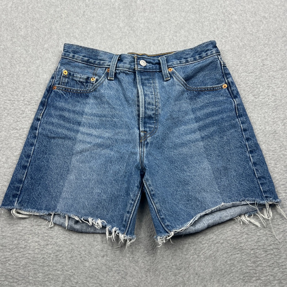 Levi's 501 Shorts Women's 29 Blue Medium Wash Raw Hem Cutoff Button Fly 6" Denim